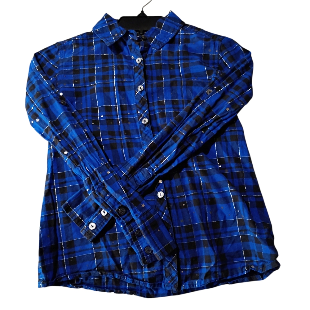 Fair Justice Girls Glittery Blue Star Plaid Long Sleeve Button‎ Up S/12 Cowgirl